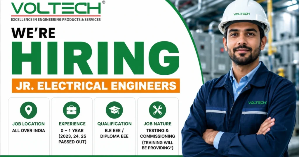 Voltech Recruitment 2026 thumbnail for Junior Electrical Engineers walk-in drive at Voltech Group.