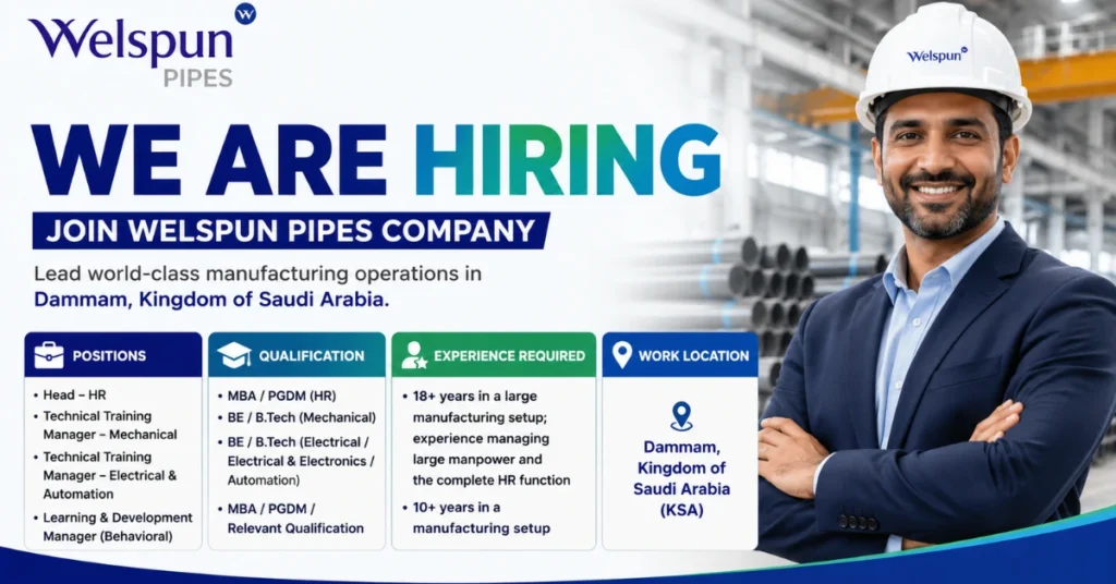 Welspun Pipes Recruitment 2026 thumbnail featuring HR and Technical Manager positions with company logo.