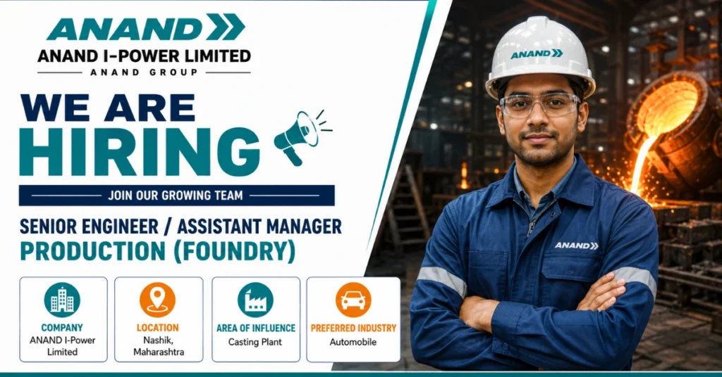 Anand I-Power Limited Recruitment 2026 thumbnail for Senior Engineer and Assistant Manager Production Foundry job notification.