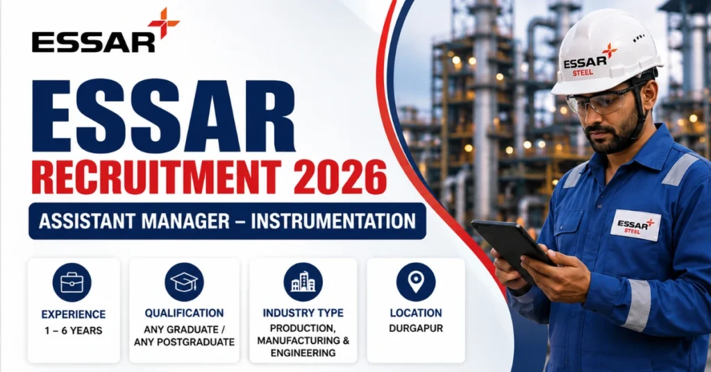Essar Recruitment 2026 website thumbnail featuring Assistant Manager Instrumentation job opportunity with Essar Group logo and industrial background.