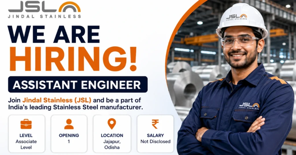 Jindal Stainless Recruitment 2026 website thumbnail for Assistant Engineer post featuring the JSL logo and a steel industry employee.