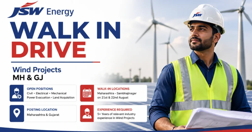 JSW Energy Recruitment 2026 Walk-In Drive for Wind Projects featuring engineering job opportunities for experienced professionals.