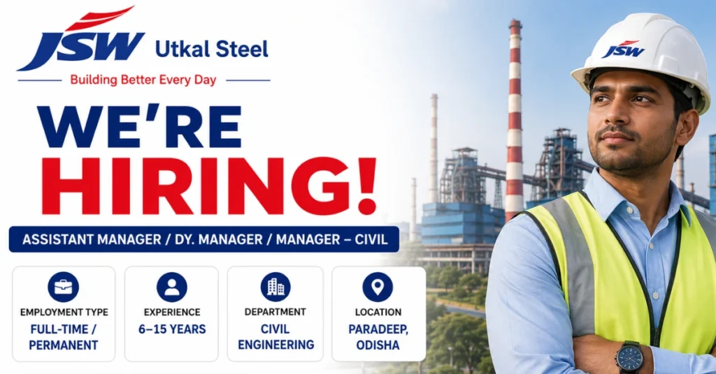 JSW Utkal Steel Recruitment 2026 thumbnail for Assistant Manager, Dy. Manager and Manager Civil job notification