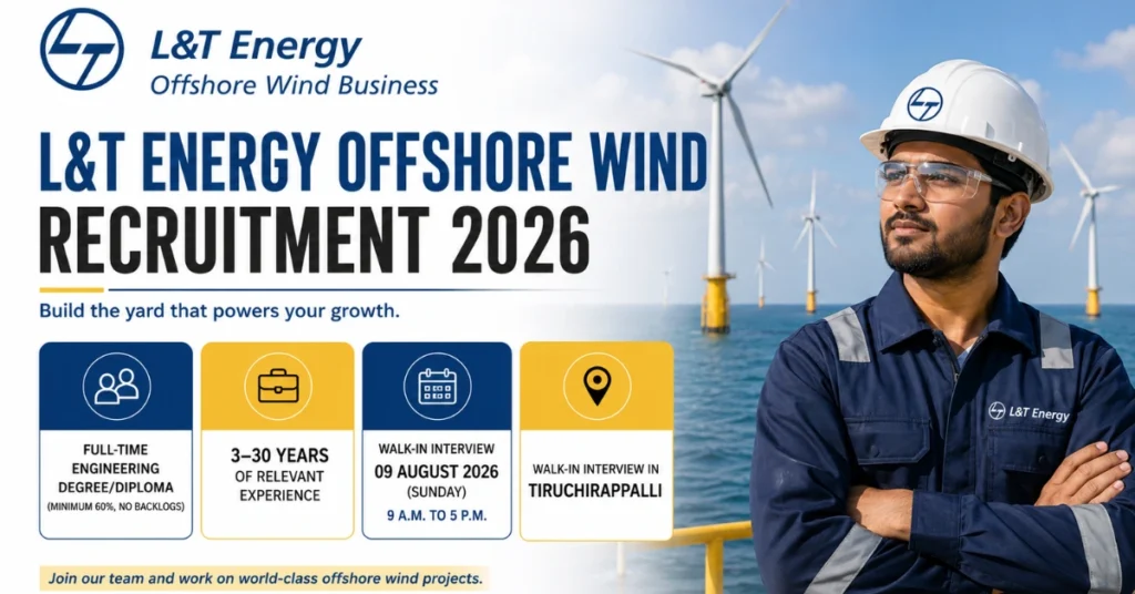 L&T Energy Offshore Wind Recruitment 2026 website thumbnail featuring walk-in interview for multiple engineering and operations roles in the Offshore Wind Business.