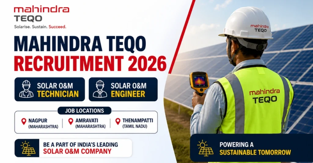 Mahindra TEQO Recruitment 2026 thumbnail showing Solar O&M Technician and Engineer job openings for experienced professionals.