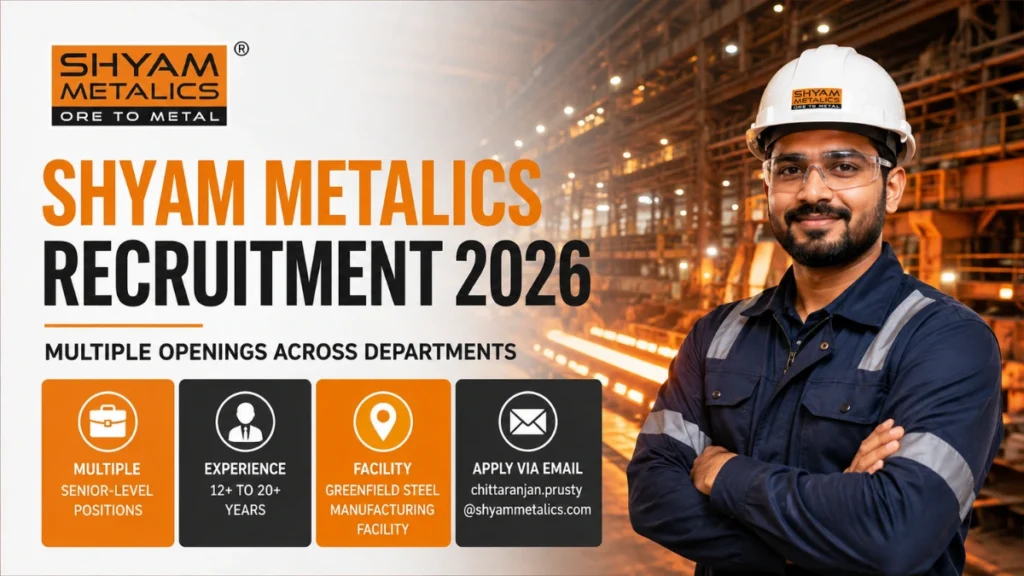 Shyam Metalics Recruitment 2026 for multiple openings across departments at Greenfield Steel Manufacturing Facility