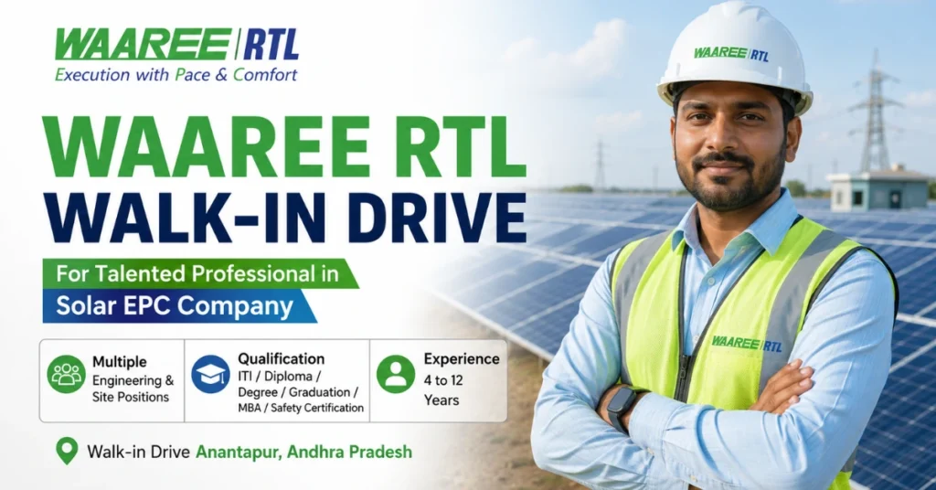 Waaree RTL Walk-in Drive 2026 website thumbnail for multiple engineering and site positions in the Solar EPC sector.