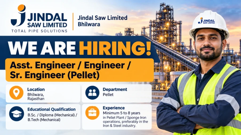 Jindal Saw Limited Recruitment 2026 for Assistant Engineer, Engineer and Senior Engineer (Pellet)