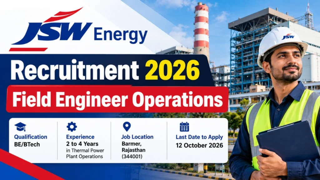 JSW Energy Recruitment 2026 for Field Engineer Operations at the Barmer thermal power plant