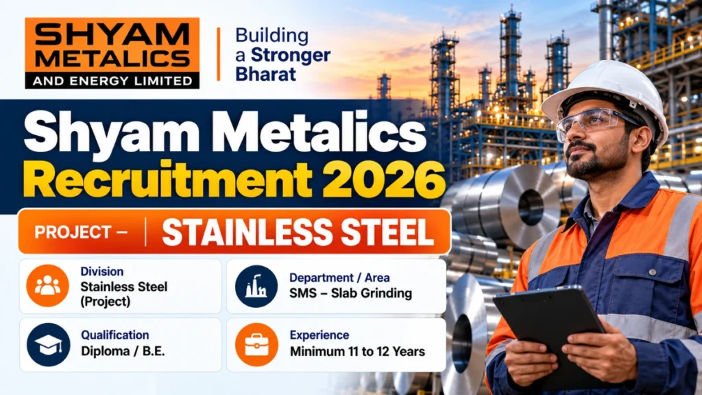 Shyam Metalics Recruitment 2026 for Stainless Steel Project Division, SMS Slab Grinding, Diploma and B.E. candidates